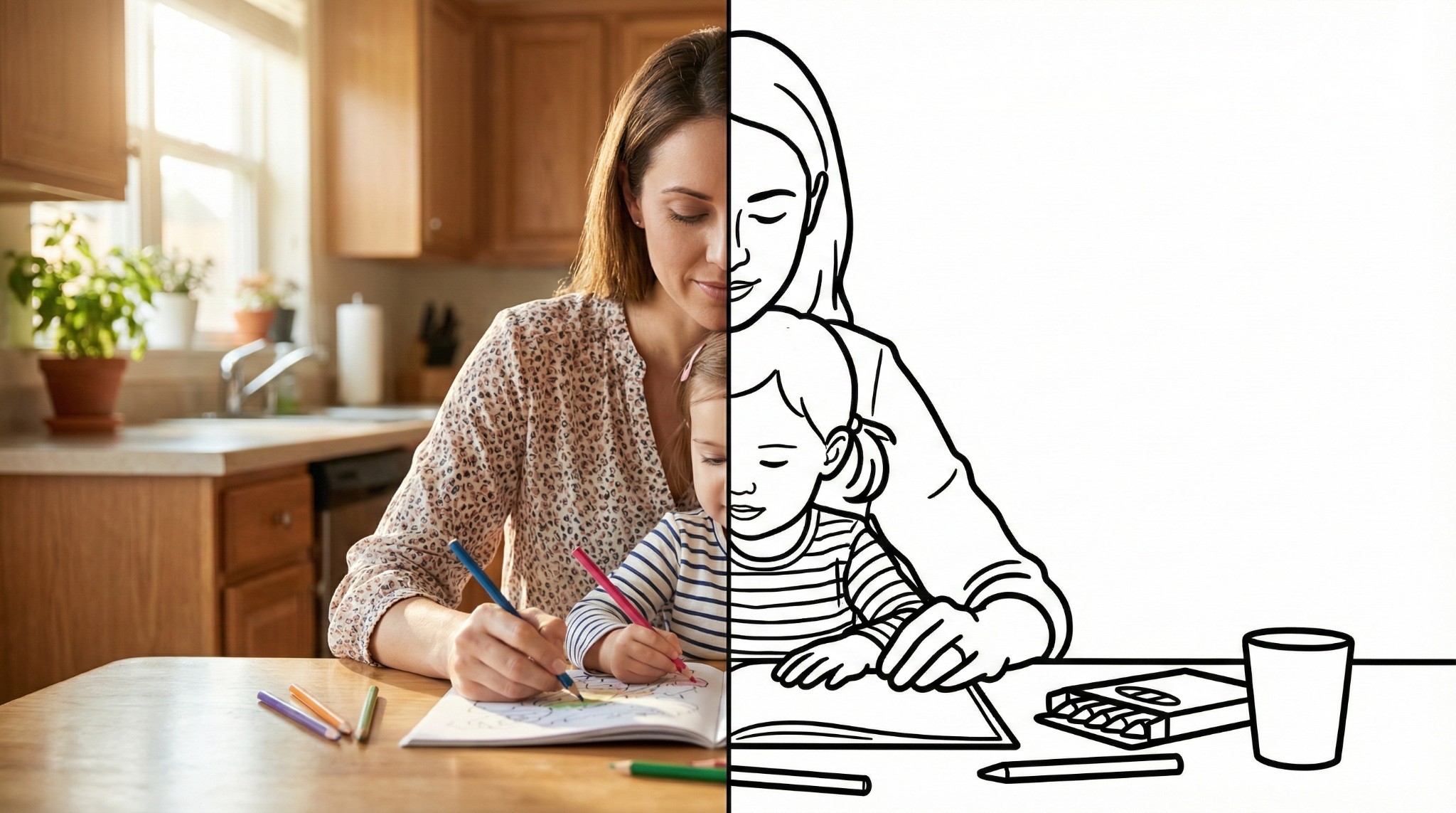 Voorbeeld: moeder en dochter kleuren samen - links de originele foto, rechts de kleurplaat versie